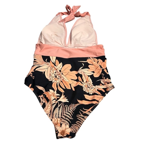 Cupshe M Coral Retro Boho Floral Halter Neck Tummy Control One-Piece Swimsuit - Picture 6 of 10